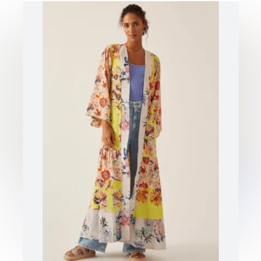 Anthropologie Floral Yellow Maxi Kimono
